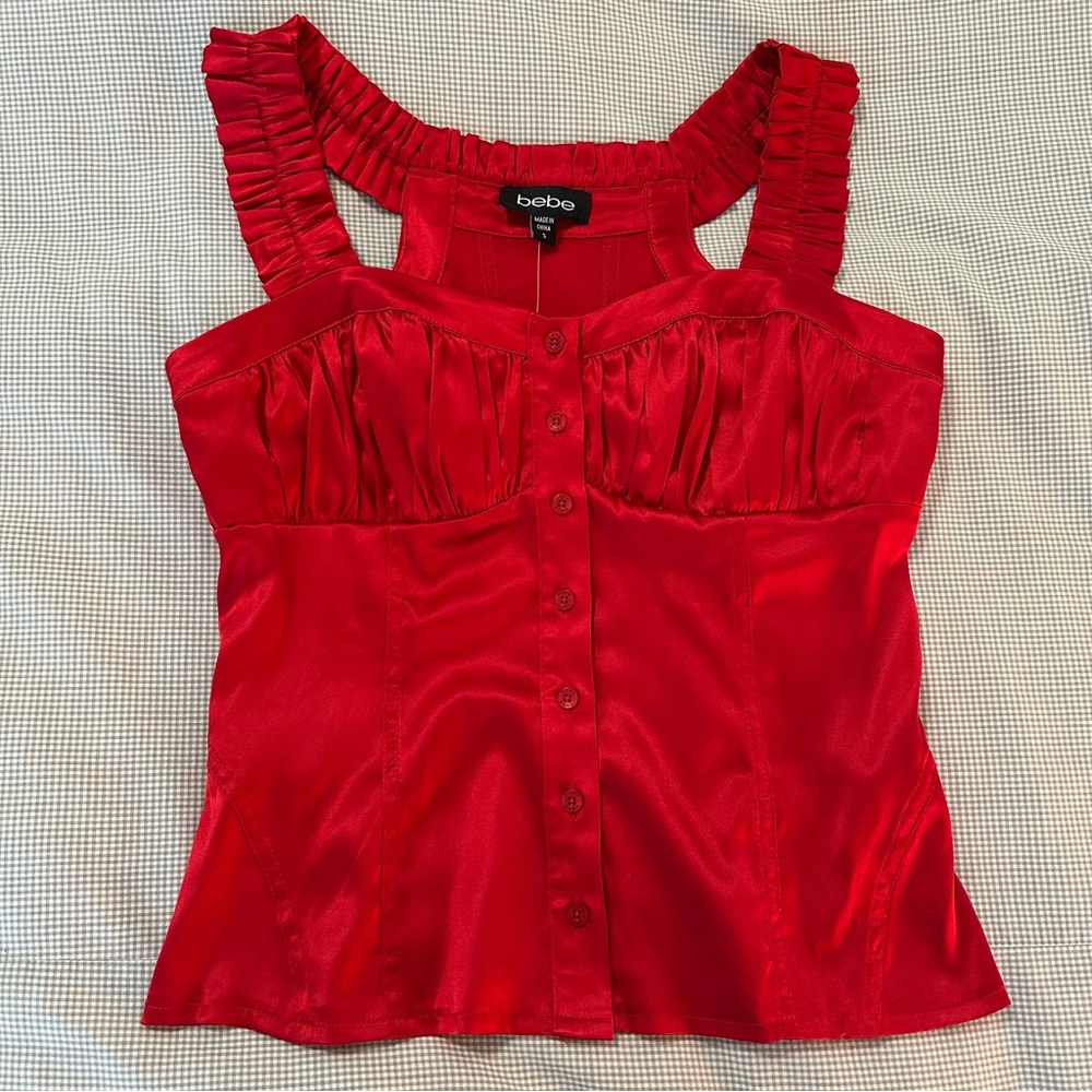 BEBE NWT Satin/Silk Red Ruffle Tank Top! Gorgeous Summer Vibe! Size S button up